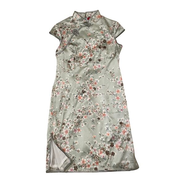 Vintage Sage Floral Cheongsam Dress | Stretch Silk Qipao, Size M (Tag XXX) - Picture 1 of 7